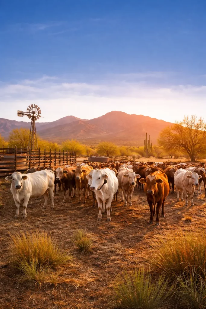Rancho ganadero en venta en Sonora con ganado, corral y paisaje desértico al atardecer