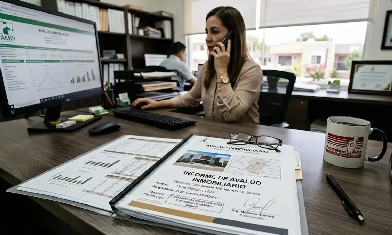Documento detallado de un avalúo inmobiliario profesional en una oficina moderna con taza de café con el logo de Promotora Pima.