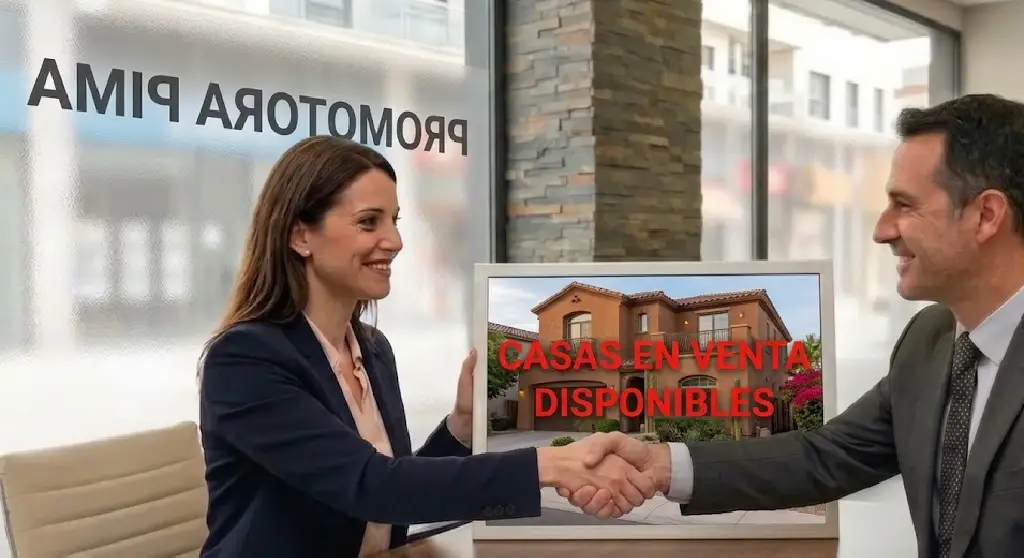 Agentes inmobiliarios de Promotora Pima cerrando trato por casa en venta con imagen de propiedad residencial en pantalla.