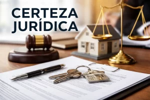 Certeza jurídica en propiedades con documentos de escrituración, llaves de casa y símbolos legales que representan seguridad inmobiliaria.