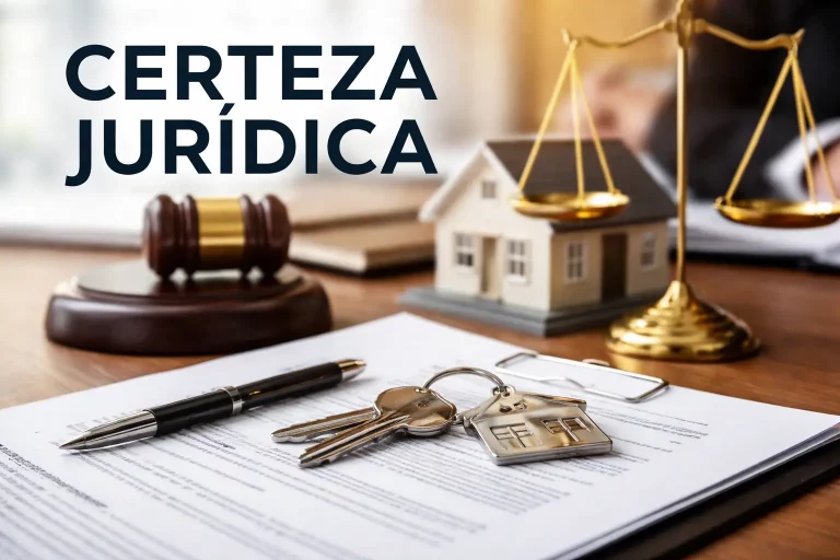 Certeza jurídica en propiedades con documentos de escrituración, llaves de casa y símbolos legales que representan seguridad inmobiliaria.