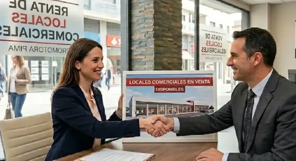 Cierre de contrato de arrendamiento para local comercial en renta en oficina de Promotora Pima, vista a través de ventanal con señalización en espejo.