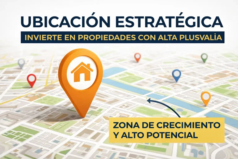 Ubicación estratégica de propiedades con alta plusvalía representada en un mapa urbano con marcadores que señalan zonas de crecimiento inmobiliario.