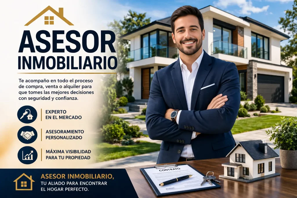 Asesor inmobiliario profesional frente a una casa moderna ofreciendo servicios de compra y venta de propiedades