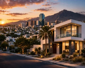 Casa moderna en Hermosillo con vista urbana al atardecer, representando el mercado inmobiliario y oportunidades de inversión