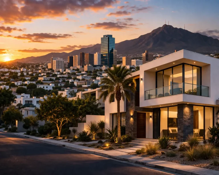 Casa moderna en Hermosillo con vista urbana al atardecer, representando el mercado inmobiliario y oportunidades de inversión