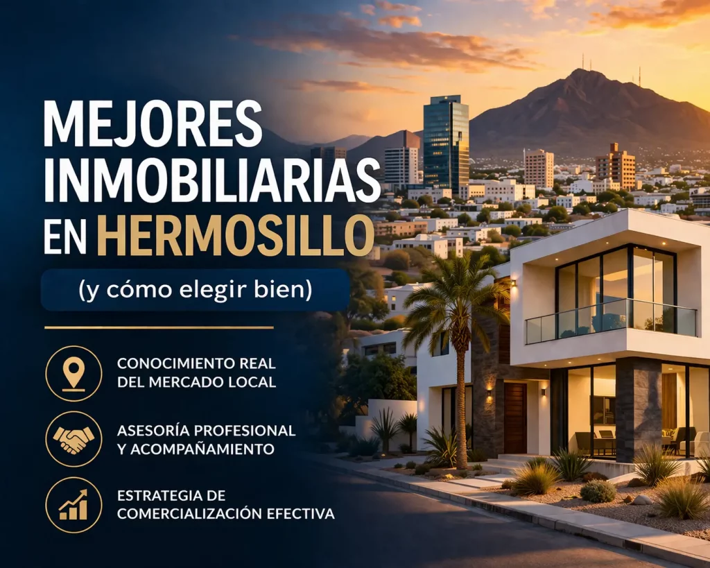 Mejores inmobiliarias en Hermosillo con casa moderna y vista urbana al atardecer