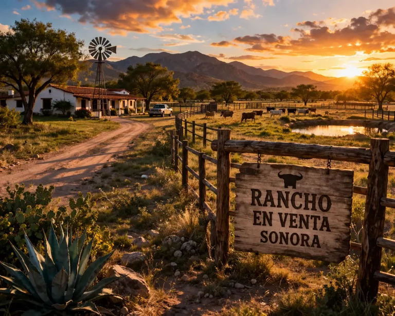 Rancho en venta en Sonora con paisaje ganadero, casa rural, molino de viento y ganado al atardecer